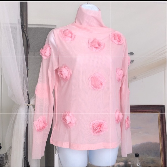 🎉New 24’Spring Summer 3-D Pink Solid Flower Stretch Mesh Turtleneck Top - Picture 2 of 10